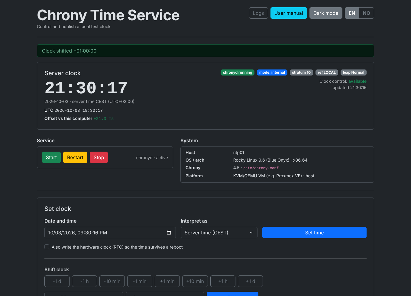 Screenshot. The main page in dark mode