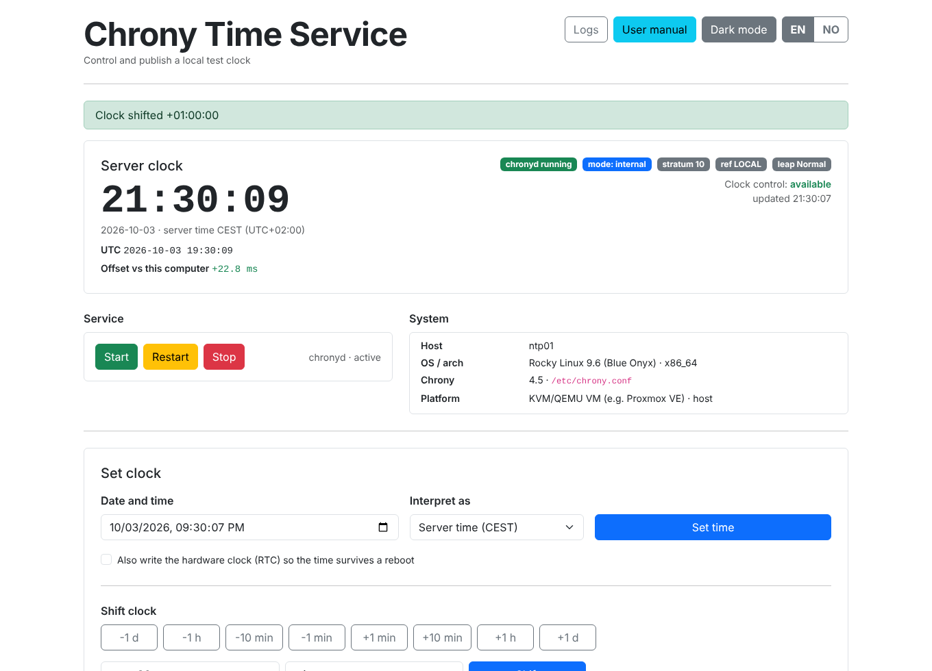 The main page of Chrony-Time-Service(at)Work with the server clock, badges for chronyd, mode and stratum, service, system and the Set clock panel