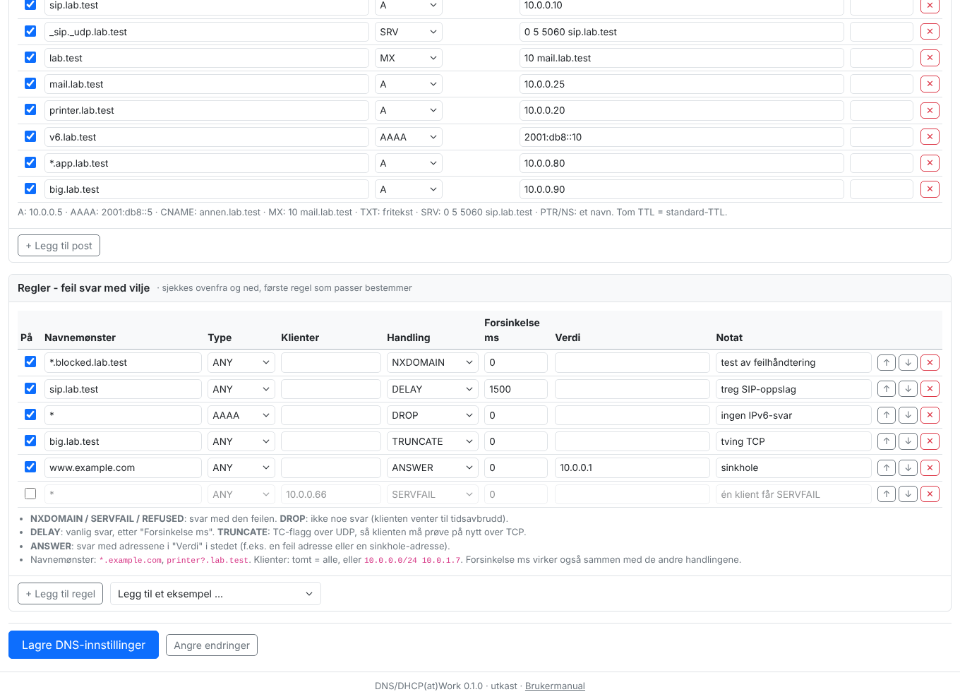 DNS-fanen i DNS/DHCP(at)Work med poster og fem regler: NXDOMAIN, DELAY, DROP, TRUNCATE og ANSWER