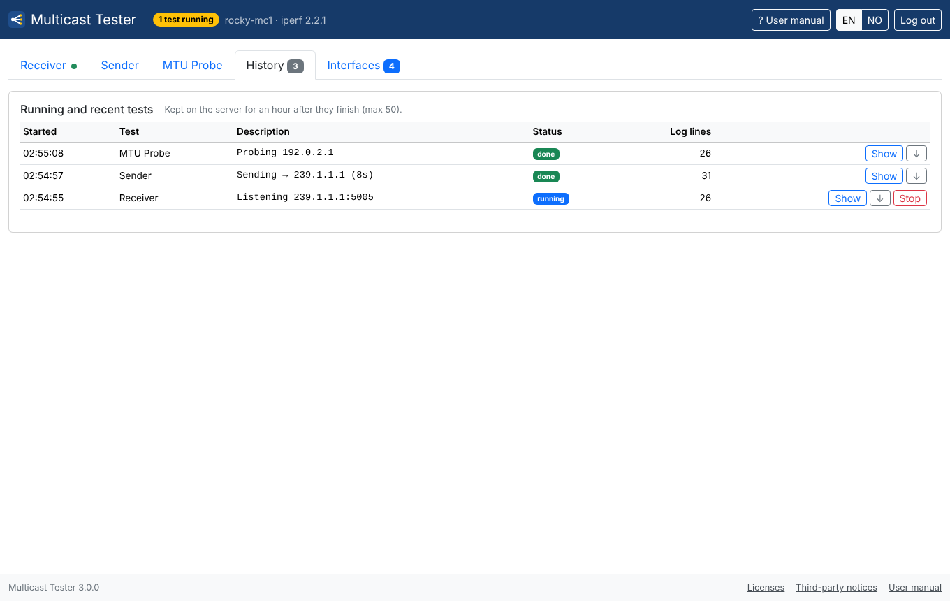 Screenshot. The History tab with a running Receiver and a finished Sender and MTU probe