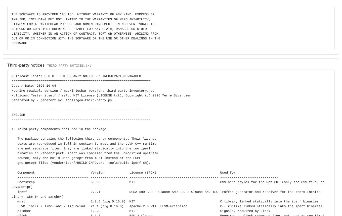 Screenshot. Licenses and third-party notices