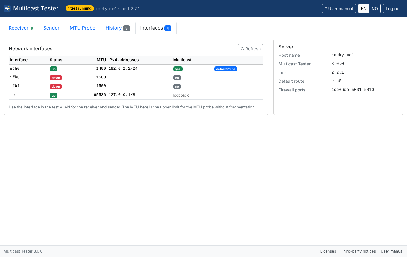 Screenshot. The Interfaces tab with status, MTU, IPv4 addresses, multicast and default route