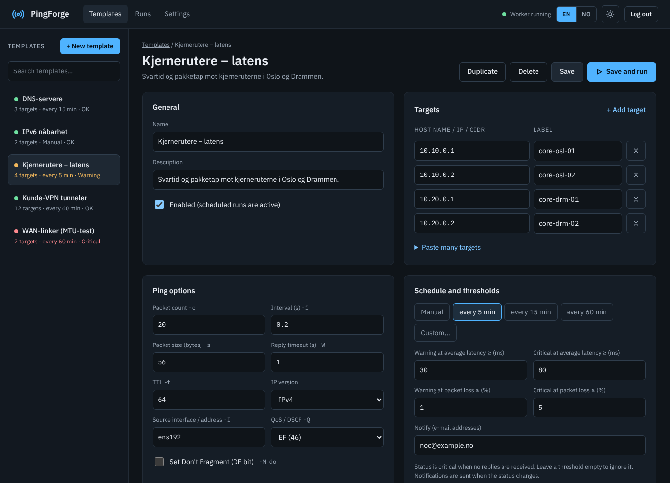 Screenshot. The template editor in dark mode