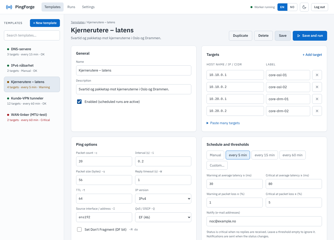 The Ping(at)Work template editor with the template list, general settings, four targets, ping options and schedule and thresholds