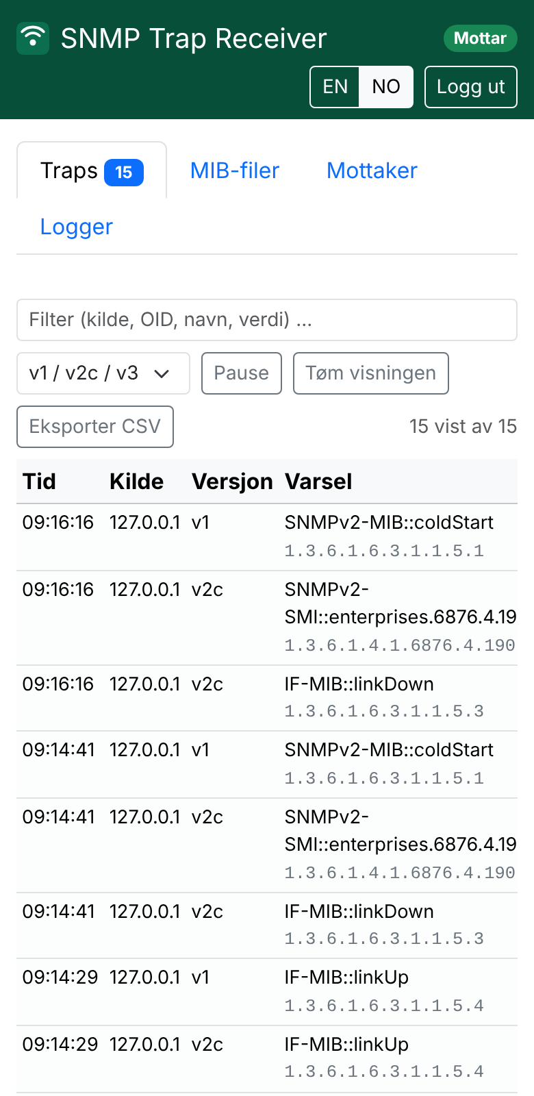Skjermbilde. Receiver: på mobil
