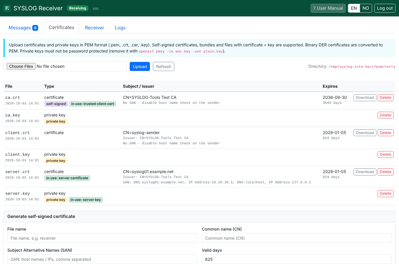 Screenshot. Receiver: certificates