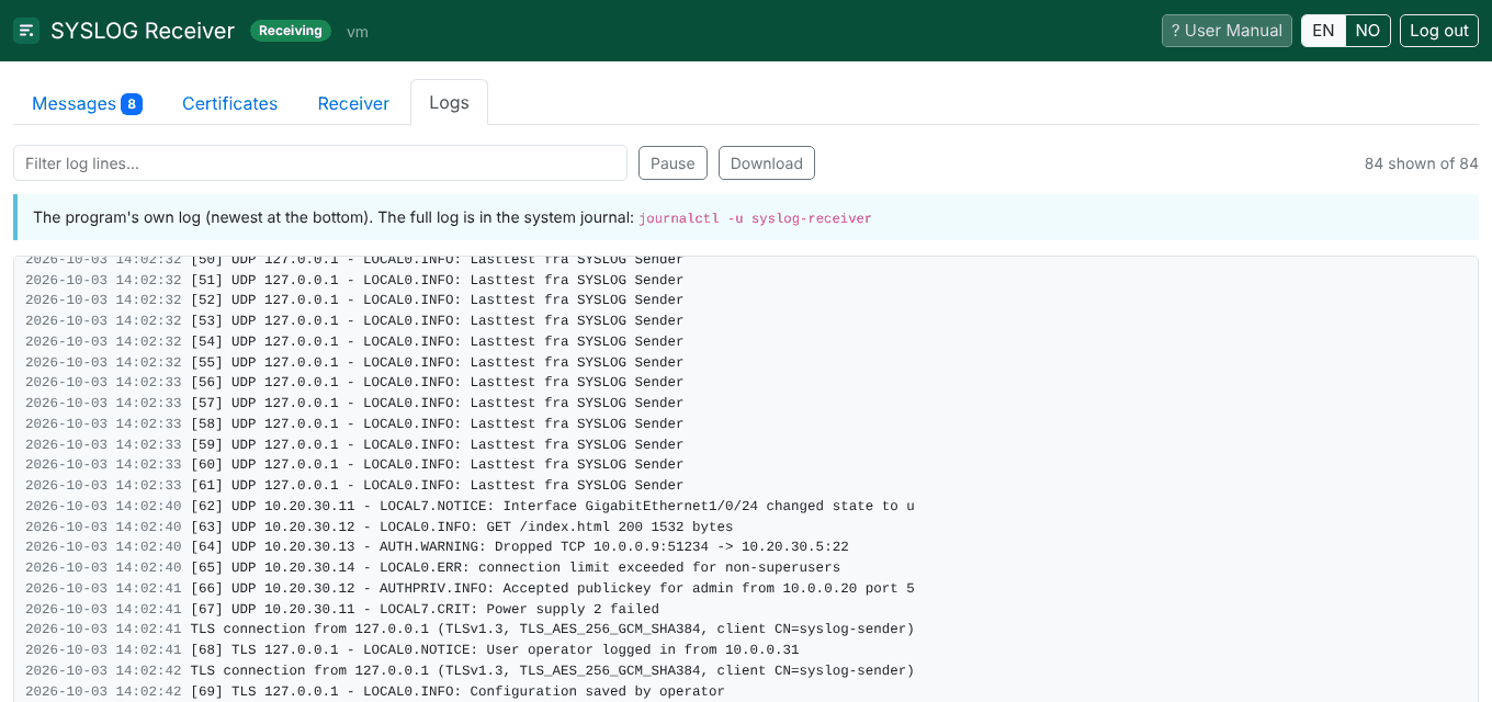 Screenshot. Receiver: the program log