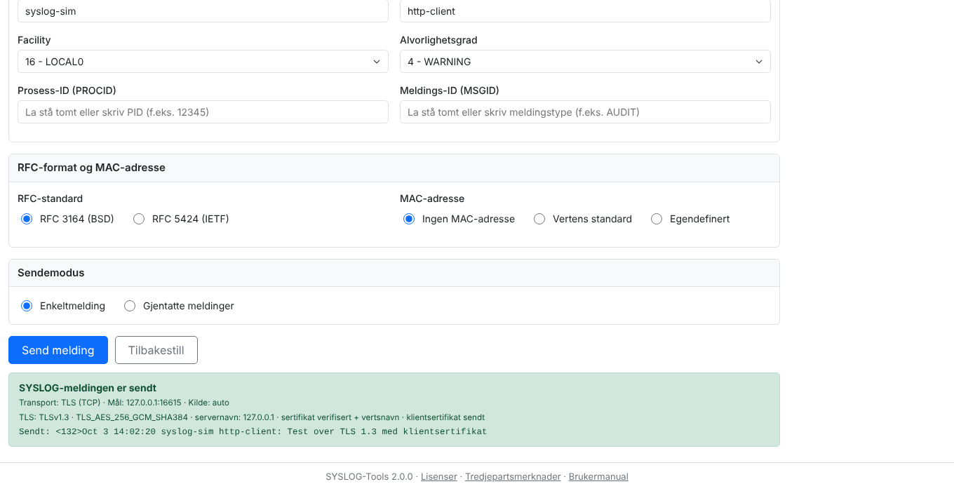 Skjermbilde. Sender: resultatet av en melding over TLS 1.3