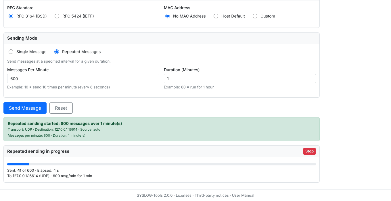 Screenshot. Sender: repeated sending with progress