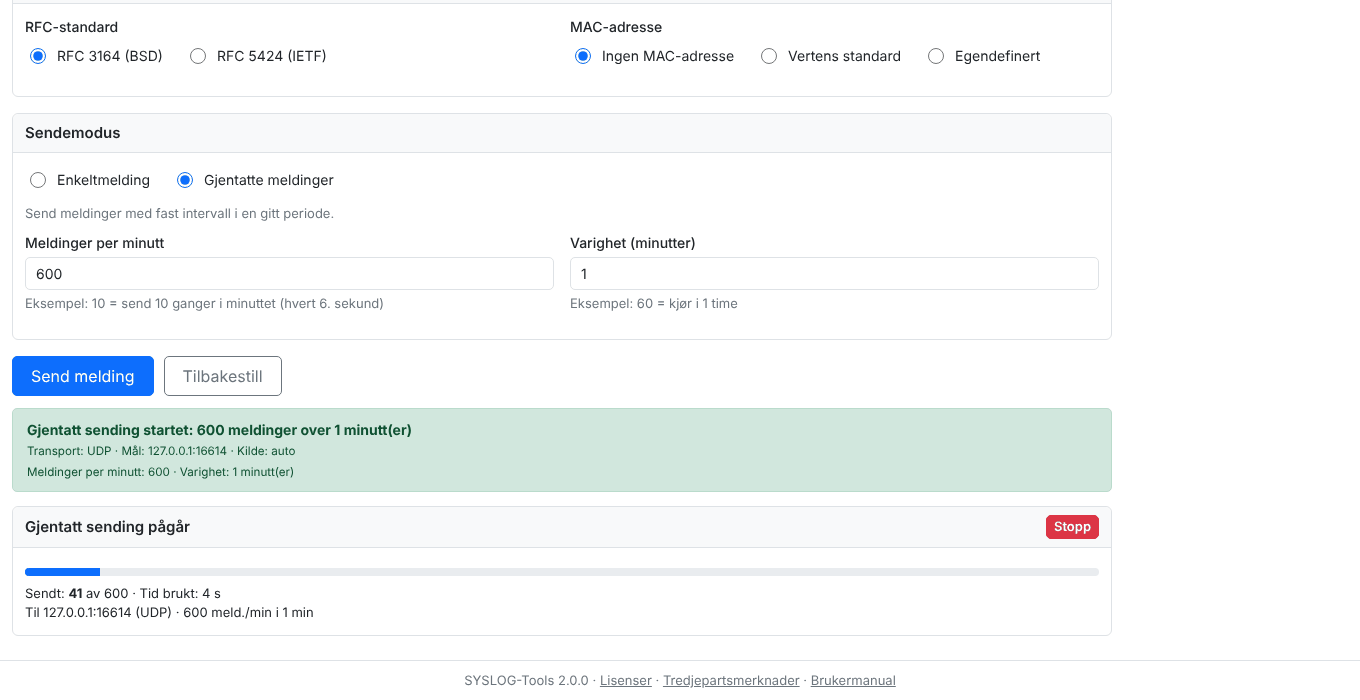 Skjermbilde. Sender: gjentatt sending med fremdrift