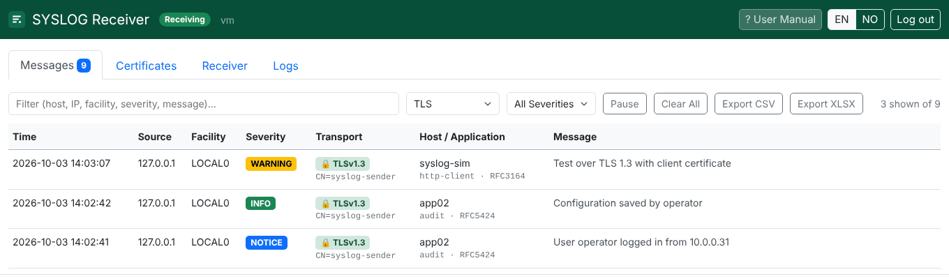 SYSLOG Receiver filtered on TLS, with three messages received over TLSv1.3 from a sender with the client certificate CN=syslog-sender