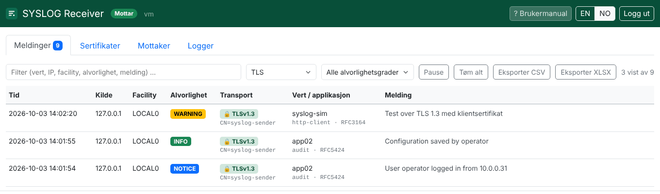 SYSLOG Receiver filtrert på TLS, med tre meldinger mottatt over TLSv1.3 fra en avsender med klientsertifikatet CN=syslog-sender